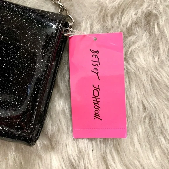 NWT BETSEY JOHNSON BLACK PATENT XOLYLA SHIMMER/GLITTER PURSE CLUTCH WITH BOW - Picture 4 of 12